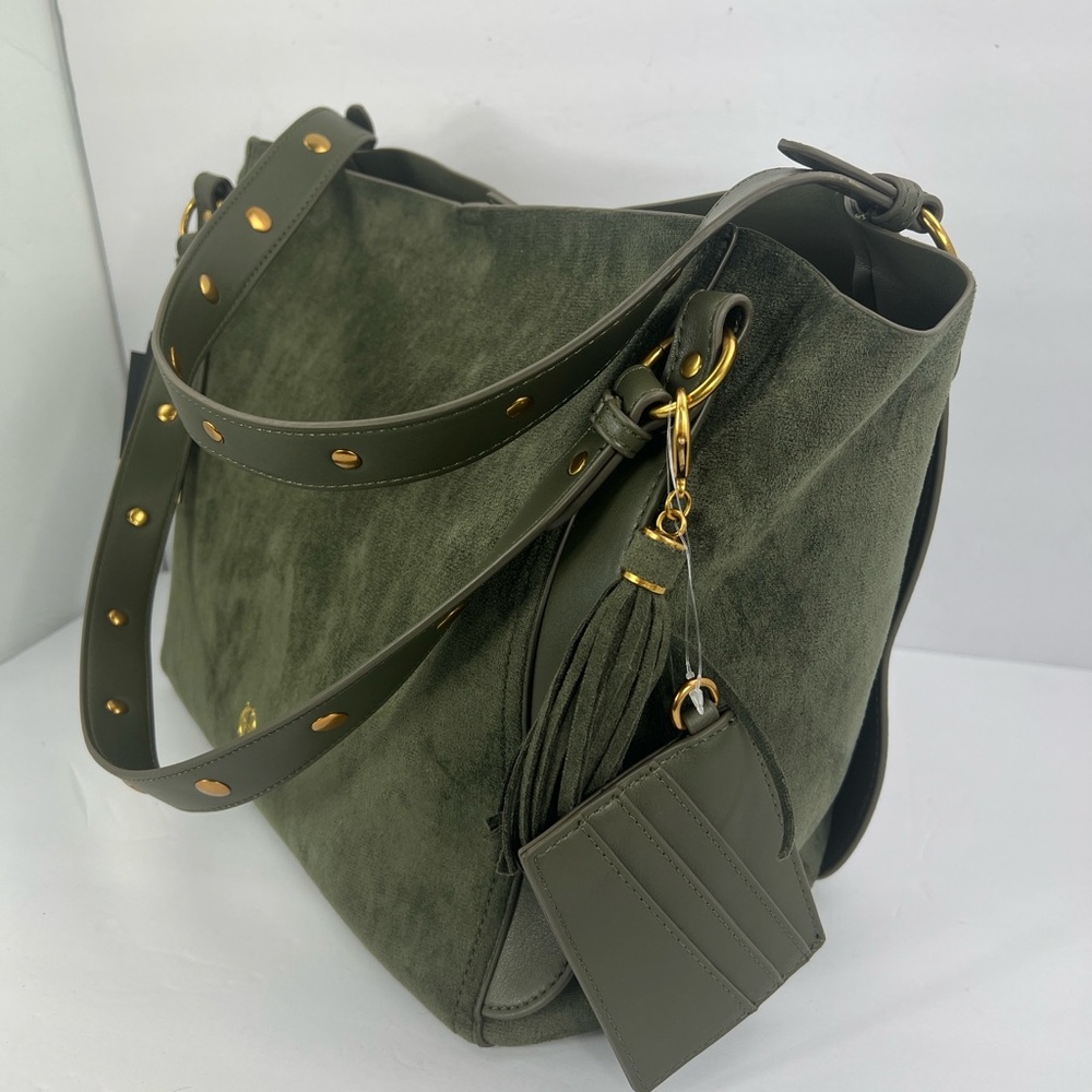 HOUSE OF HARLOW 1960 LUX TOTE, FAUX SUEDE OLIVE GREEN COLOR WITH A BACK POCKET - Picture 3 of 17
